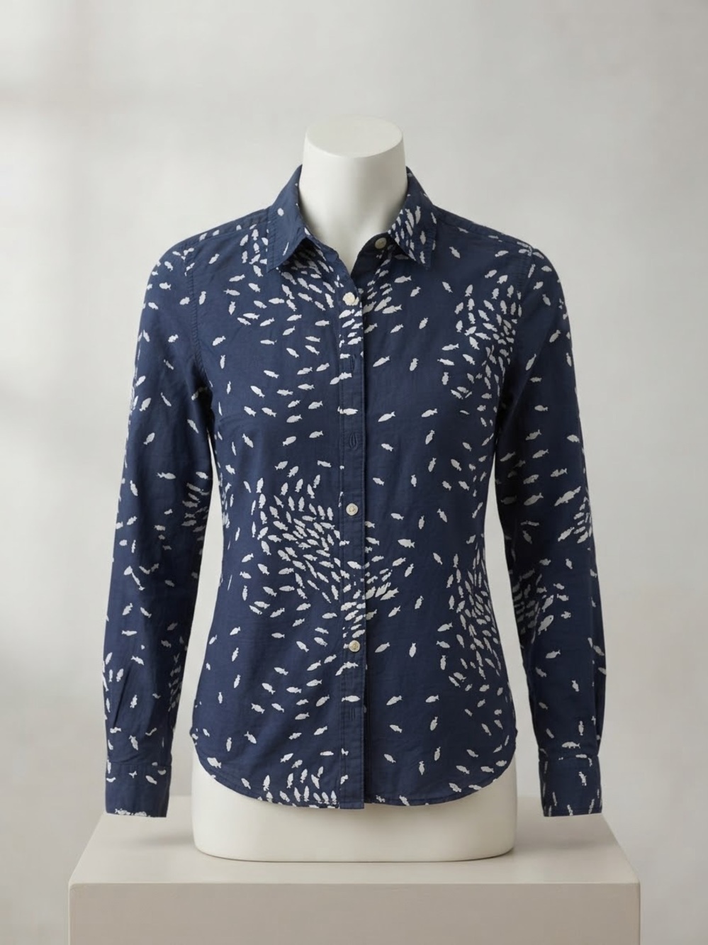 jcpenney Silk Blend Navy Blue Button-Up Shirt with White Fish Print